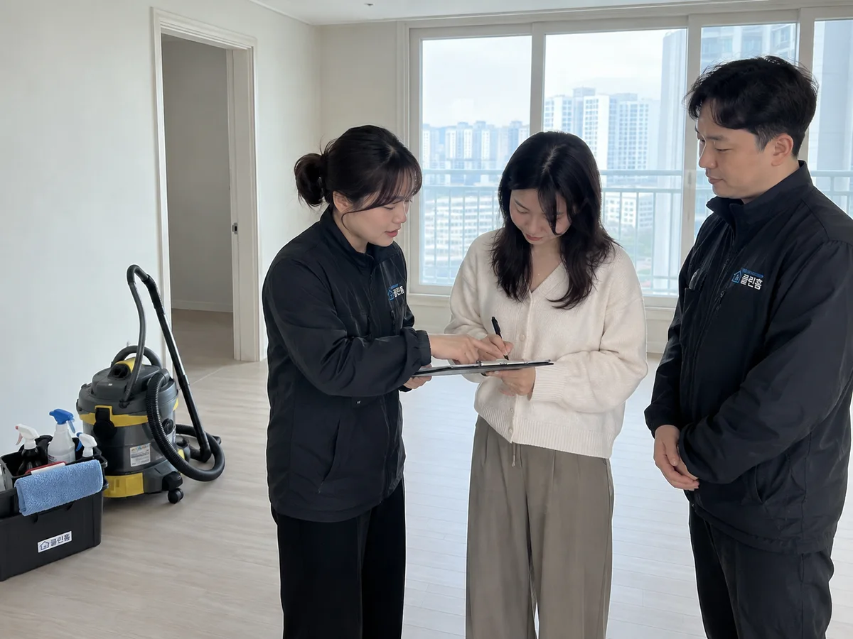 청소 완료 확인서를 고객과 함께 확인하는 모습