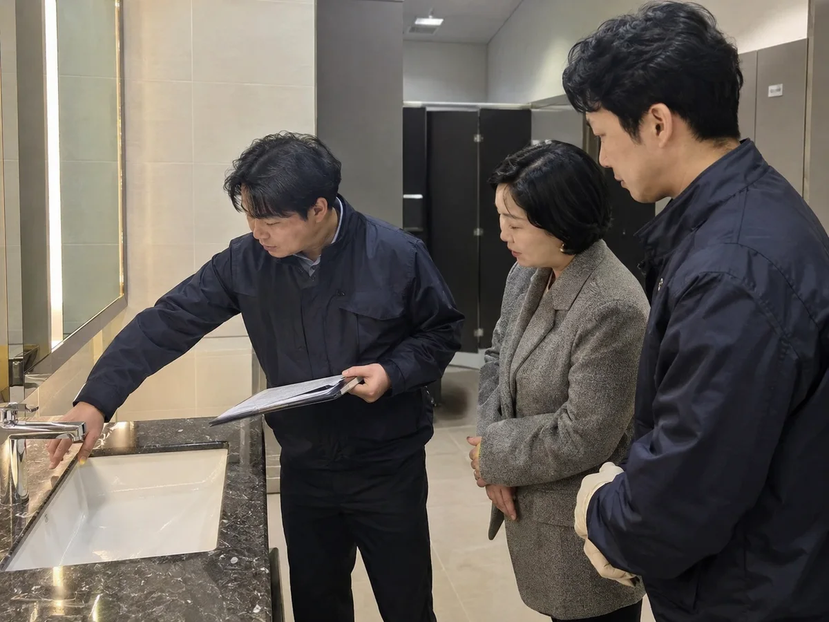 세면대와 상판 상태를 고객과 함께 살피는 모습