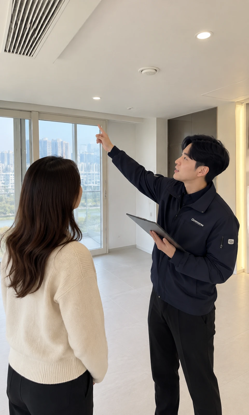 고객과 함께 거실 천장에어컨을 점검하는 모습