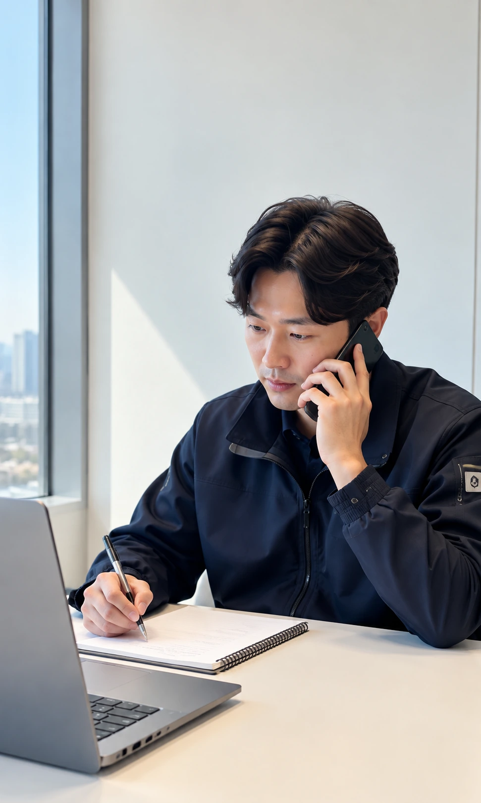 전화 상담을 하며 노트북과 상담 메모를 정리하는 홈케어 전문가