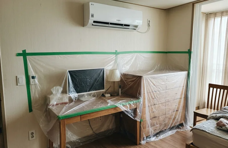 주변 가구 보양 후 설치 환경을 확인한 에어컨