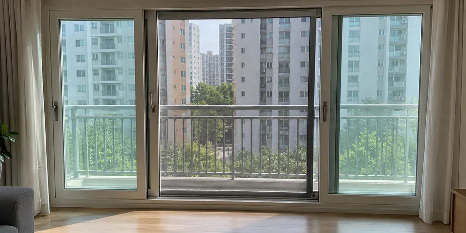 한국 아파트 거실 베란다의 PVC 창틀과 슬라이딩 방충망