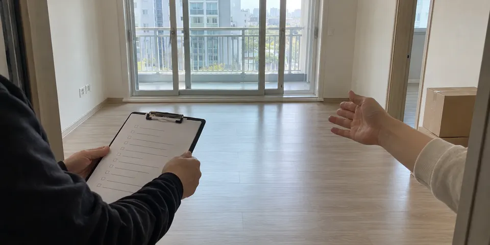 이사 전 한국 아파트 빈집에서 청소 마무리 상태를 체크리스트로 확인하는 모습
