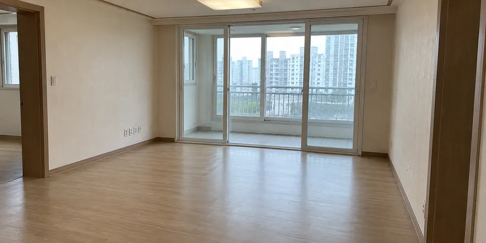 가구가 빠진 한국 아파트의 빈 거실과 베란다 창문